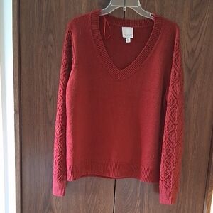 Industry Red Sweater With Open Weave Sleeves